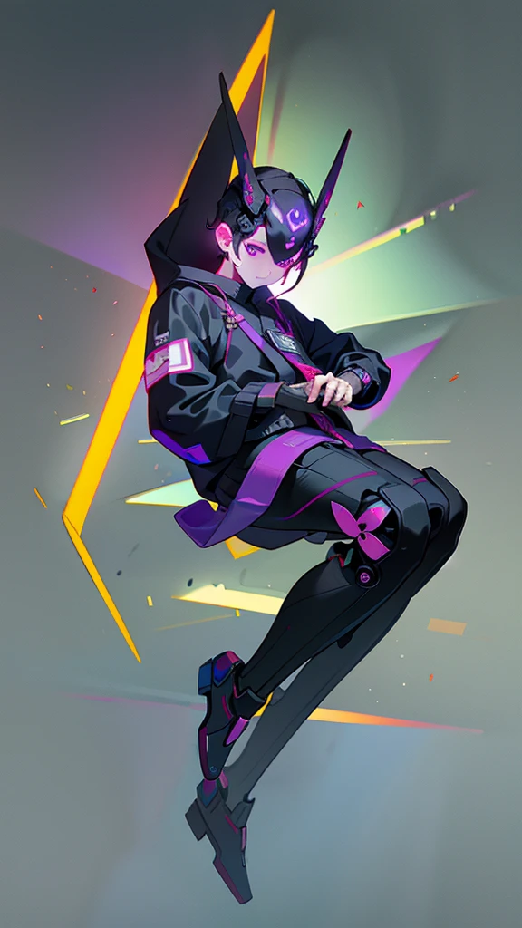 masterpiece, best quality, A close-up shot of a futuristic boy,China is purple and impermanent,The traditional image of Hei Wuchang,Tradition meets modernity,Chinese style,Wearing a fantastic cyber helmet,black triangle LED light and halo on the helmet, Wearing a black Techwear jacket with "Peace in the World" written on it, Full body white background