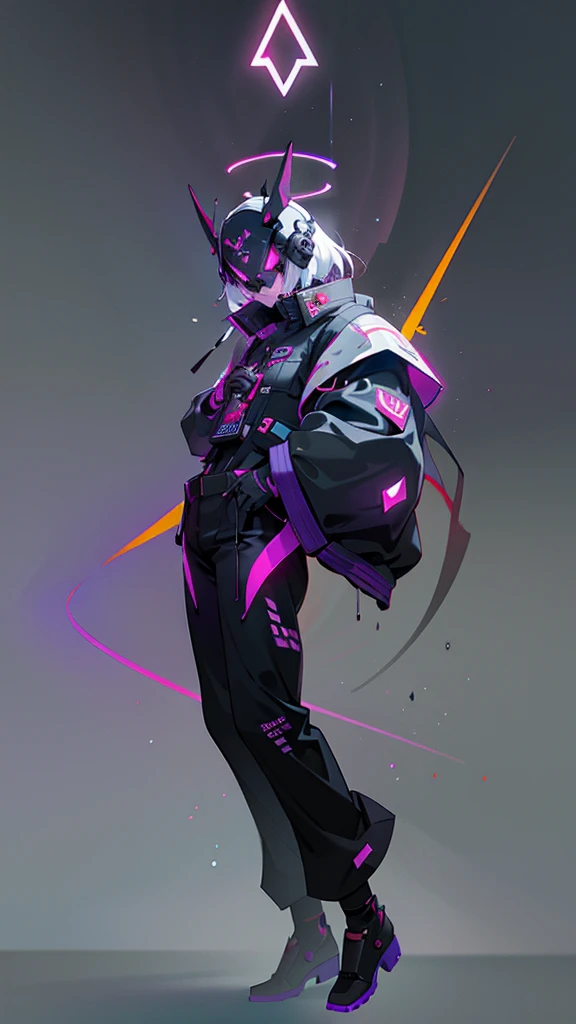 masterpiece, best quality, A close-up shot of a futuristic boy，China is purple and impermanent，The traditional image of Hei Wuchang，Tradition meets modernity，Chinese style，Wearing a fantastic cyber helmet，black triangle LED light and halo on the helmet, Wearing a black Techwear jacket with &quot;Peace in the World&quot; written on it, Full body white background