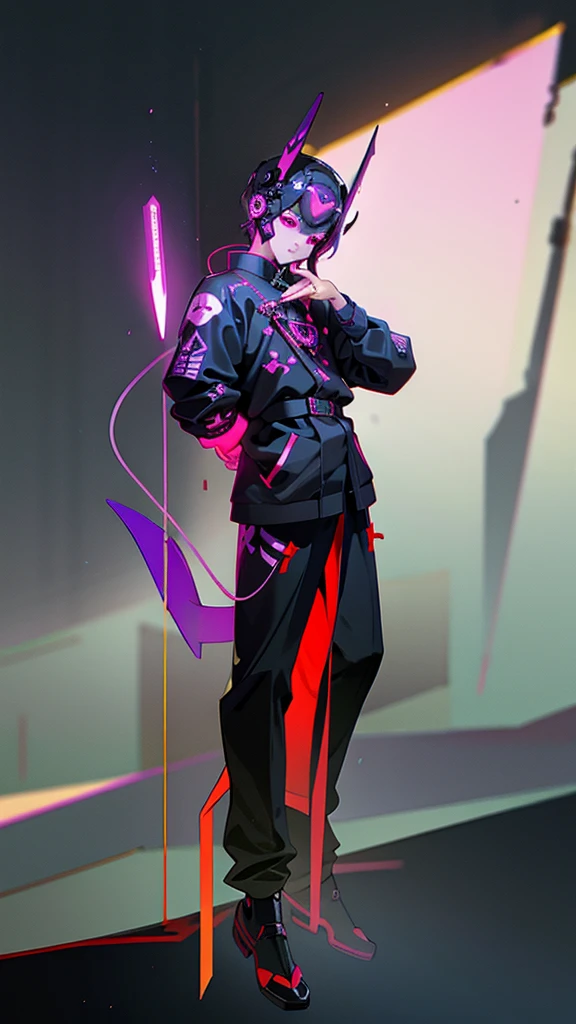 masterpiece, best quality, A close-up shot of a futuristic boy,China is purple and impermanent,The traditional image of Hei Wuchang,Tradition meets modernity,Chinese style,Wearing a fantastic cyber helmet,black triangle LED light and halo on the helmet, Wearing a black Techwear jacket with "Peace in the World" written on it, Full body white background