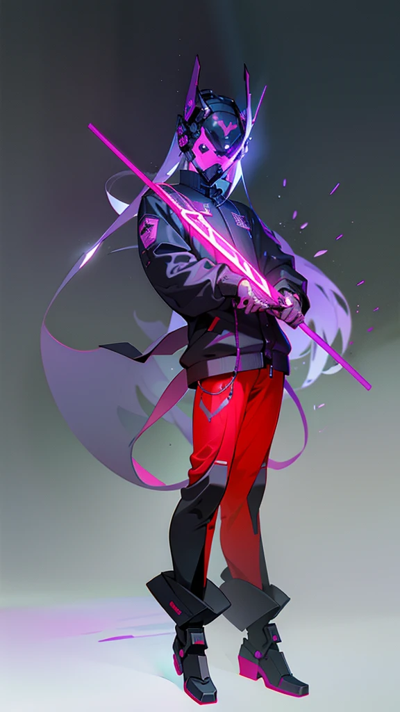 masterpiece, best quality, A close-up shot of a futuristic boy，China is purple and impermanent，The traditional image of Hei Wuchang，Tradition meets modernity，Chinese style，Wearing a fantastic cyber helmet，black triangle LED light and halo on the helmet, Wearing a black Techwear jacket with &quot;Peace in the World&quot; written on it, Full body white background