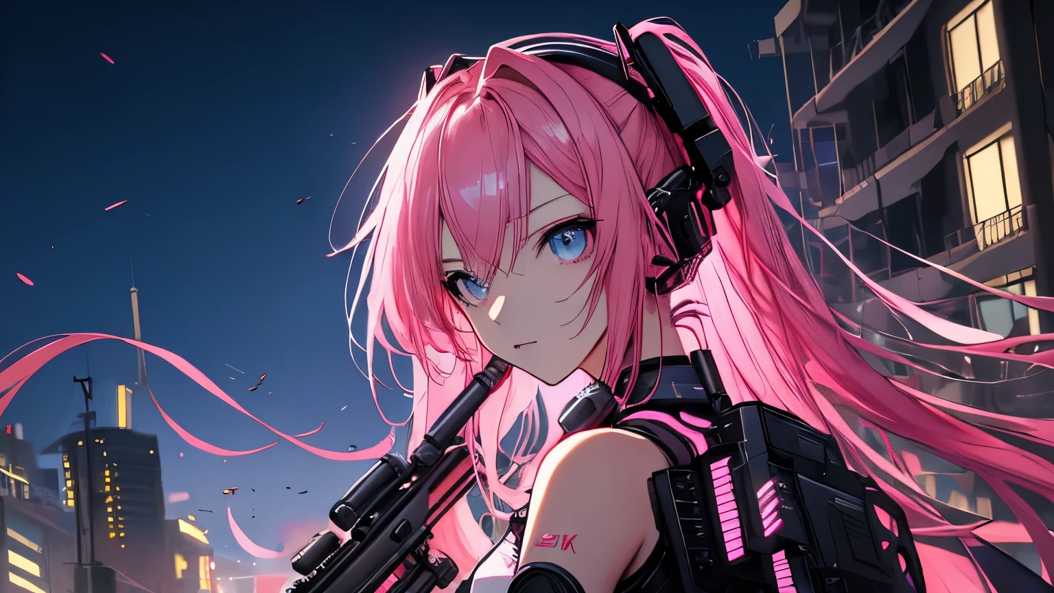 (masterpiece), Highest quality, Ultra-high resolution,hatsune miku, Vocaloid, beautiful, Detailed face, Pink Hair, Pink Eyes, Pink Art, colorful, bright, whole body、fight、strong、gun、(Confident expression:1.3)、battlefield、Armament、Cyberpunk Girl, (Gripping a high-tech rifle:1.3)、Stand up、Fantasy、cool、Glowing background、Illumination、whole body、(Background destroyed building:1.3),Fantasy