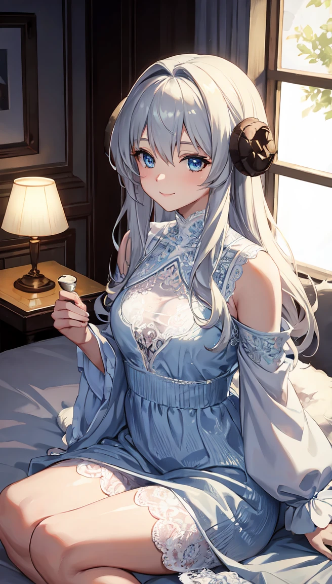 masterpiece, Soft Shading, Perfect ???????, Perfect lighting, Perfect focus, Healing, alone, One girl, Furry, Shaggy Sheep, Anthropomorphic, woman, Silver fur, Silvery skin, blue eyes, Before going to bed, pajamas,Long sleeve，Long skirt，(White lace)，Small breasts，fantasy town, Upload to e621, Sitting,smile，adult
