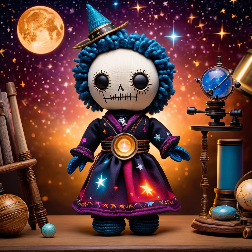 (knitted toy voodoo doll:1.5), (Voodoo Stargazer:1.3), (Clothing: warm nighttime attire:1.0), (Accessories: enchanted telescope emitting sparks of star magic, levitating spectral constellations:1.1), (background: mystical observatory with floating telescopes, glowing stars, and spectral astronomers:1.2), best quality, masterpiece, detailed soft oil painting, detailed background, dramatic cinematic lighting, soft edge lighting, professional, dramatic lighting, hard edge lighting, ultra quality, 4k, masterpiece, best quality, 8k, ultra high definition, high resolution, extremely detailed
