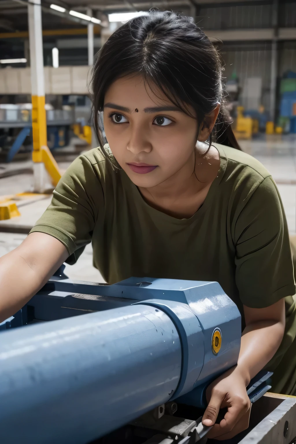 A middle class beautiful healthy Indian woman 40 years old, wearing company worker sefti dress, on the factory floor, her face covered in sweat, but her eyes shining with determination as she operates heavy machinery.