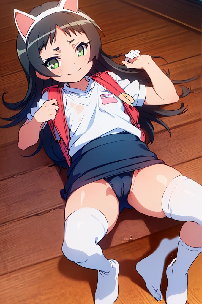 masterpiece, ultra quality, ultra sharp, ultra detailed, 1girl, solo, (((good anatomy))), haduki kurumi, (tattered torn dripping wet white gym shirt), navy gym pants, animal ears, randoseru, name tag, Japanese anime pose, laugh, BurumaShorts, Buruma, Gym Uniform, (((lying:1.4,  spread_legs, legspread, split_legs, spreading legs)), (randoseru backpack:1.4), (smirk smile), buruma, blue buruma, black buruma, (cameltoe), (tattered torn short sleeve white gym uniform with colored hem), (tiny nipples), (white long loose socks), strong lighting, legspread, bukkake, cum on clothes, cum on legs, cum on buruma, cum on bloomers,