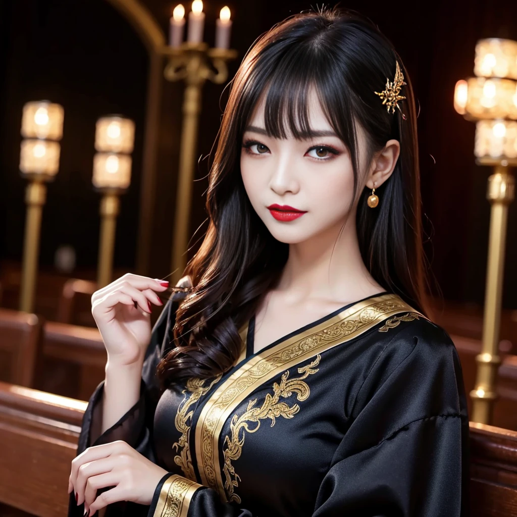 tra-detailed、Japanese、attractive beauty、seductive adult woman、pretty woman、piercing eyes、cool girl、wavy hair、swept bangs、Long Black and Gold Cheongsam、wide sleeves、Evil cadres、evil depravity、brainwash、mind control、lipstick、lip gloss、dark makeup、smirk、whisper in your ear、Evil expression、evil、hollow eyes,half-closed eyes、empty eyes、evil、church at night、vampire、succubus、vampire、Swear allegiance、sexy pose、hair ornaments、