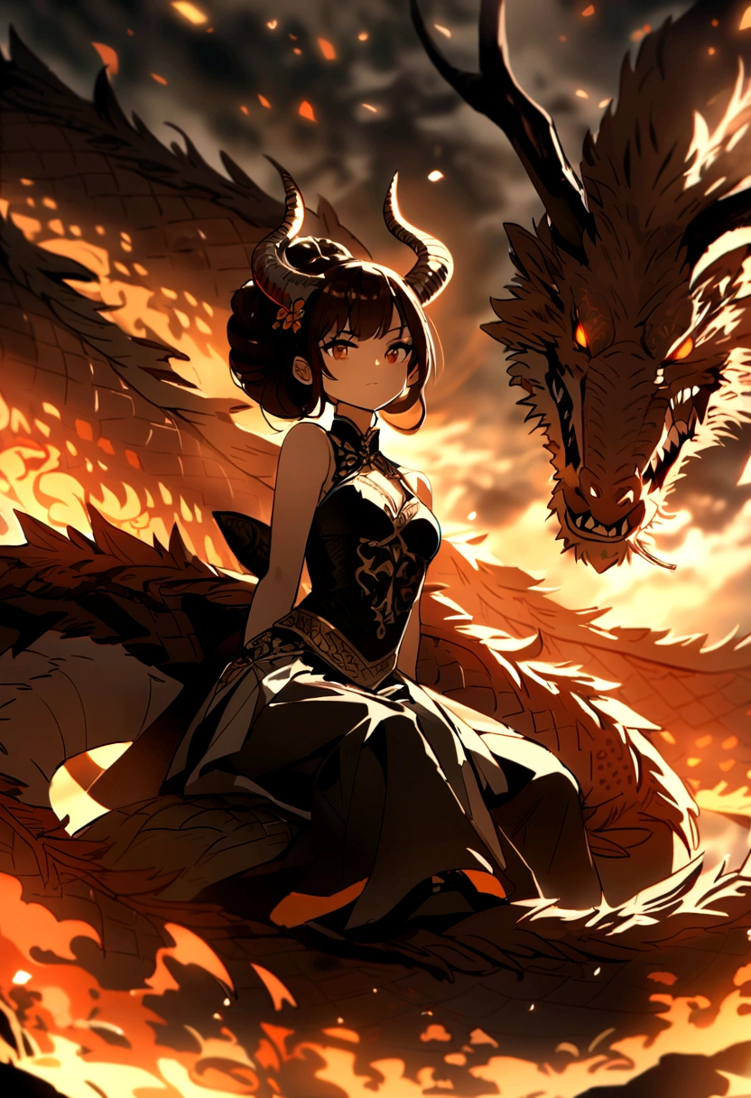The girl was sitting in the coils of a great dragon、The dragon is breathing fire , chest, tail, wing, Sharp teeth, horn, Brunette,  Chinese Dragon .　Photogenic