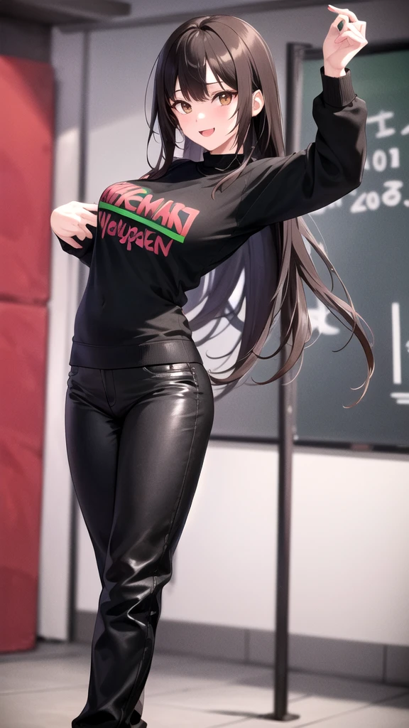 a girl dancing, girl smiling, full body shot, hip hop style dancing, black pants, black sweater, highly detailed face, long brown hair, brown eyes, long fingers, colourful graffiti background, (best quality,4k,8k,highres,masterpiece:1.2),ultra-detailed,(realistic,photorealistic,photo-realistic:1.37),portrait,vibrant colors,dramatic lighting,strong shadows