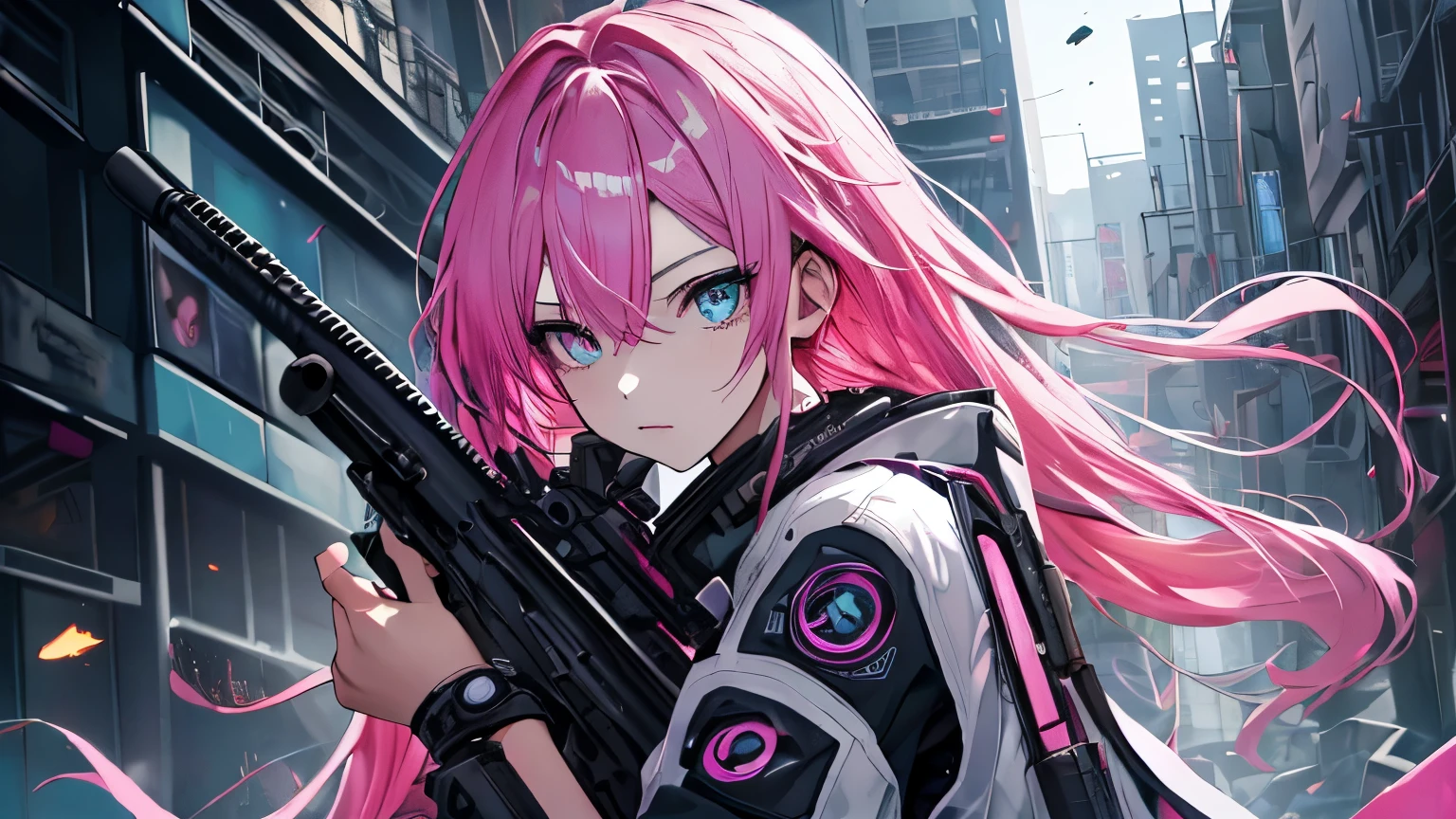 (masterpiece), Highest quality, Ultra-high resolution,hatsune miku, Vocaloid, beautiful, Detailed face, Pink Hair, Pink Eyes, Pink Art, colorful, bright, whole body、fight、strong、gun、(Confident expression:1.3)、battlefield、Armament、Cyberpunk Girl, (Gripping a high-tech rifle:1.3)、Stand up、Fantasy、cool、Glowing background、Illumination、whole body、(Background destroyed building:1.3),Fantasy
