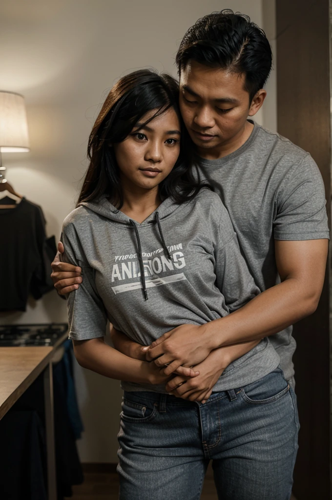 an Indonesian man, 30 years old, wearing a gray hoody, is hugging an Indonesian woman, 30 years old, wearing a t-shirt, jeans