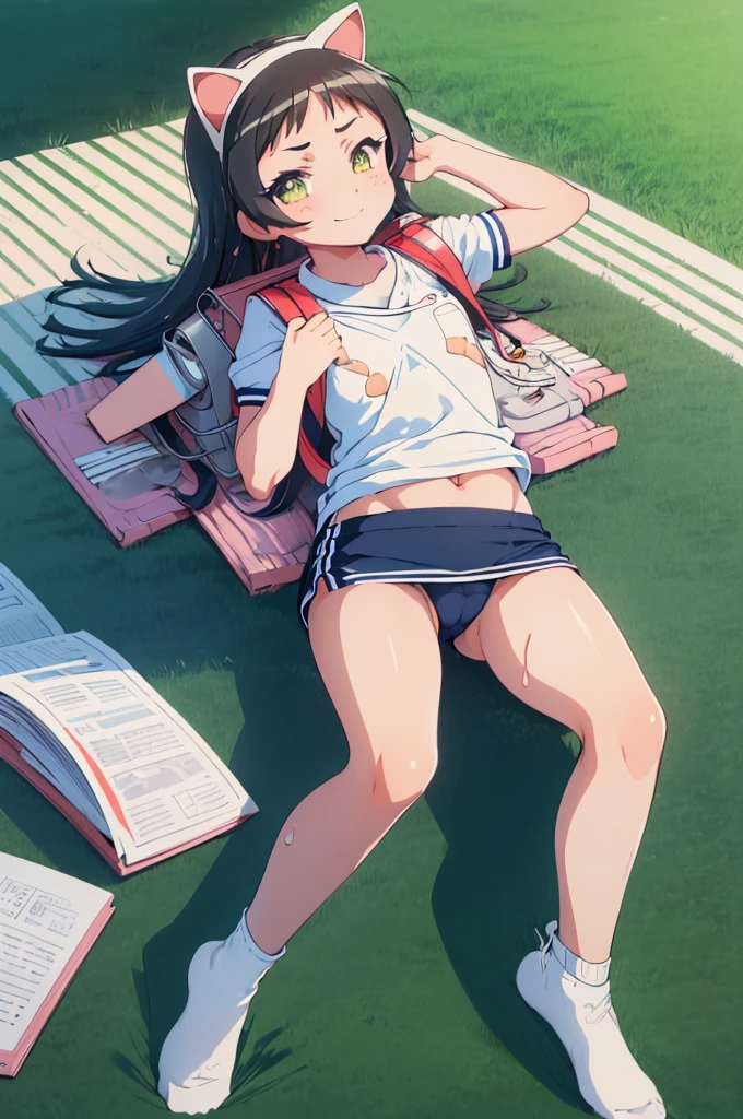masterpiece, ultra quality, ultra sharp, ultra detailed, 1girl, solo, (((good anatomy))), haduki kurumi, (tattered torn dripping wet white gym shirt), navy gym pants, animal ears, randoseru, name tag, Japanese anime pose, laugh, BurumaShorts, Buruma, Gym Uniform, (((lying:1.4, spread_legs, legspread, split_legs, spreading legs)), (randoseru backpack:1.4), (smirk smile), buruma, blue buruma, black buruma, (cameltoe), (tattered torn short sleeve white gym uniform with colored hem), (tiny nipples), (white long loose socks), strong lighting, legspread, bukkake, cum on clothes, cum on legs, cum on buruma, cum on bloomers,