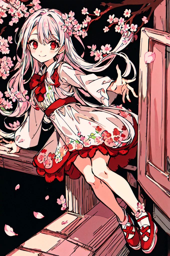 masterpiece, intricate detail,best quality, 1girl, solo, smile, red eyes, long hair, looking at viewer, flower, multicolored hair, petals, dress, hair ornament, long sleeves, character name, outstretched arms, personification, gradient hair, pink footwear, blush, cherry blossoms, sitting, white background, white hair, green hair