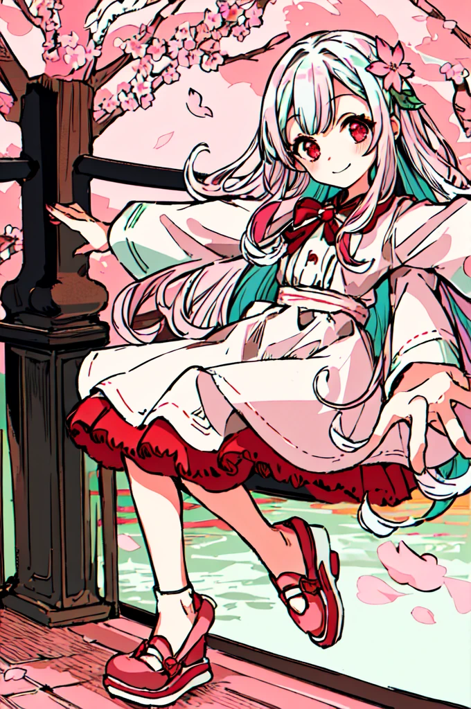 masterpiece, intricate detail,best quality, 1girl, solo, smile, red eyes, long hair, looking at viewer, flower, multicolored hair, petals, dress, hair ornament, long sleeves, character name, outstretched arms, personification, gradient hair, pink footwear, blush, cherry blossoms, sitting, white background, white hair, green hair