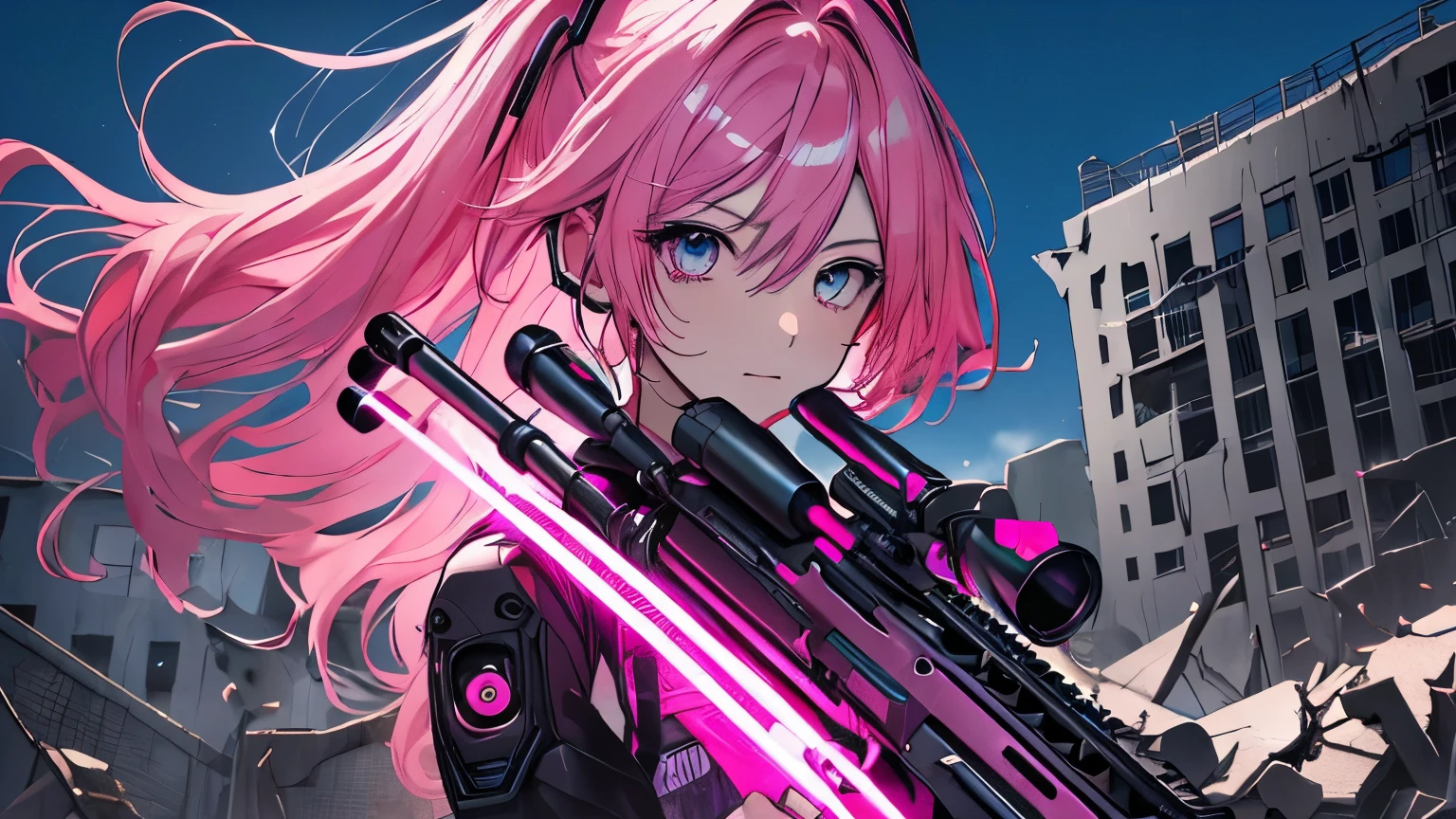 (masterpiece), Highest quality, Ultra-high resolution,hatsune miku, Vocaloid, beautiful, Detailed face, Pink Hair, Pink Eyes, Pink Art, colorful, bright, whole body、fight、strong、gun、(Confident expression:1.3)、battlefield、Armament、Cyberpunk Girl, (Gripping a high-tech rifle:1.3)、Stand up、Fantasy、cool、Glowing background、Illumination、whole body、(Background destroyed building:1.3),Fantasy