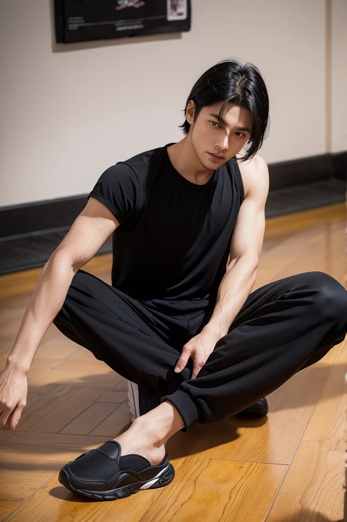 black hair, male, black gym clothes, slipper,