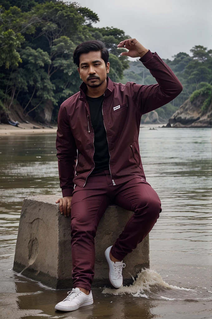 Best quality. Pemuda wajah india jaket maroon, celana panjang jin, duduk di tepi pantai yang indah.