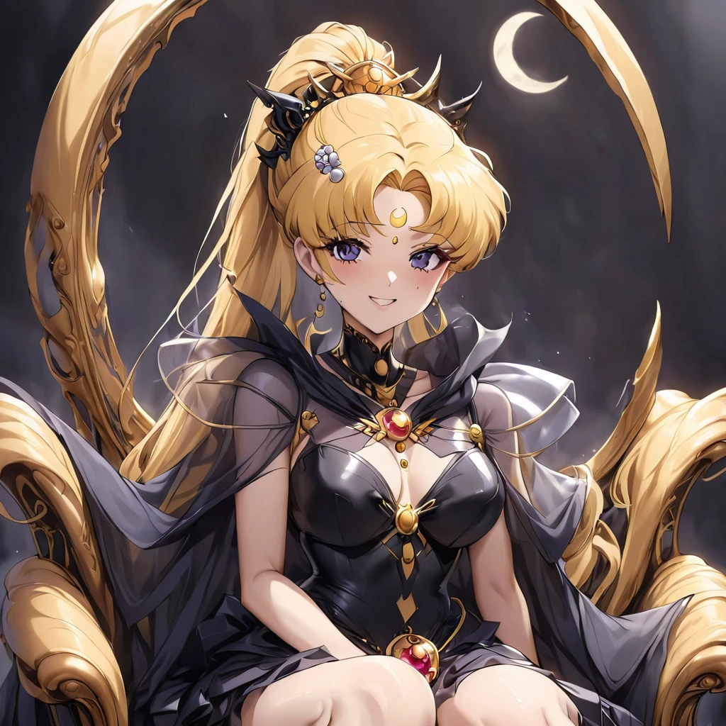 ((Highest quality)), ((masterpiece)), (detailed), （Perfect Face）、Black moon mark on forehead、The woman is Black Serenity, the noble dark queen of the Black Moon clan and has blonde hair.２A woman with long hair tied up in a ponytail is Princess Serenity, sitting on a luxurious throne.、The woman has a black inverted crescent moon mark on her forehead, a gorgeous and glittering black gothic Victorian dress, a black veil and a black see-through cape, and is wearing luxurious jeweled accessories. She is the Queen of Darkness, the jet-black Princess Serenity, looking at the camera with a happy expression, and has the expression of a maiden in love.