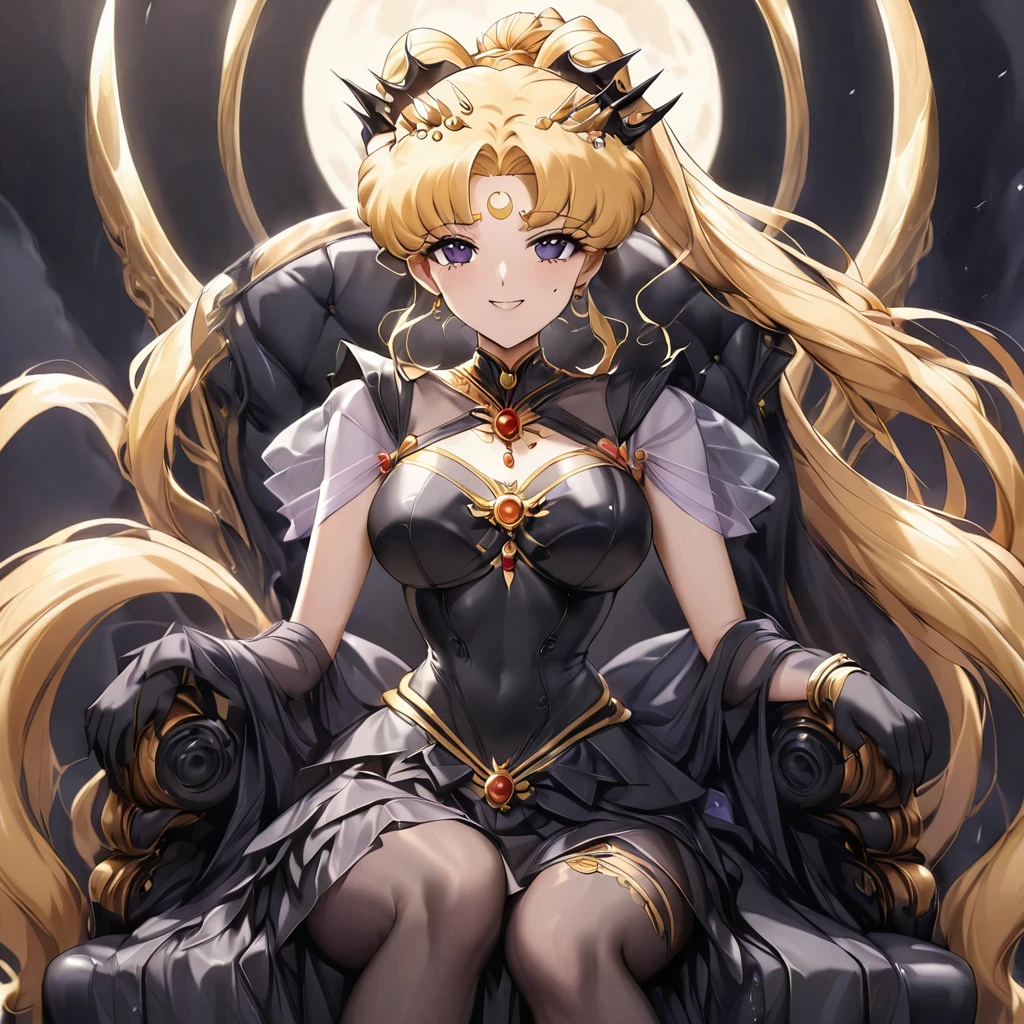 ((Highest quality)), ((masterpiece)), (detailed), (Perfect Face)、Black moon mark on forehead、The woman is Black Serenity, the noble dark queen of the Black Moon clan and has blonde hair.2A woman with long hair tied up in a ponytail is Princess Serenity, sitting on a luxurious throne.、The woman has a black inverted crescent moon mark on her forehead, a gorgeous and glittering black gothic Victorian dress, a black veil and a black see-through cape, and is wearing luxurious jeweled accessories. She is the Queen of Darkness, the jet-black Princess Serenity, looking at the camera with a happy expression, and has the expression of a maiden in love.