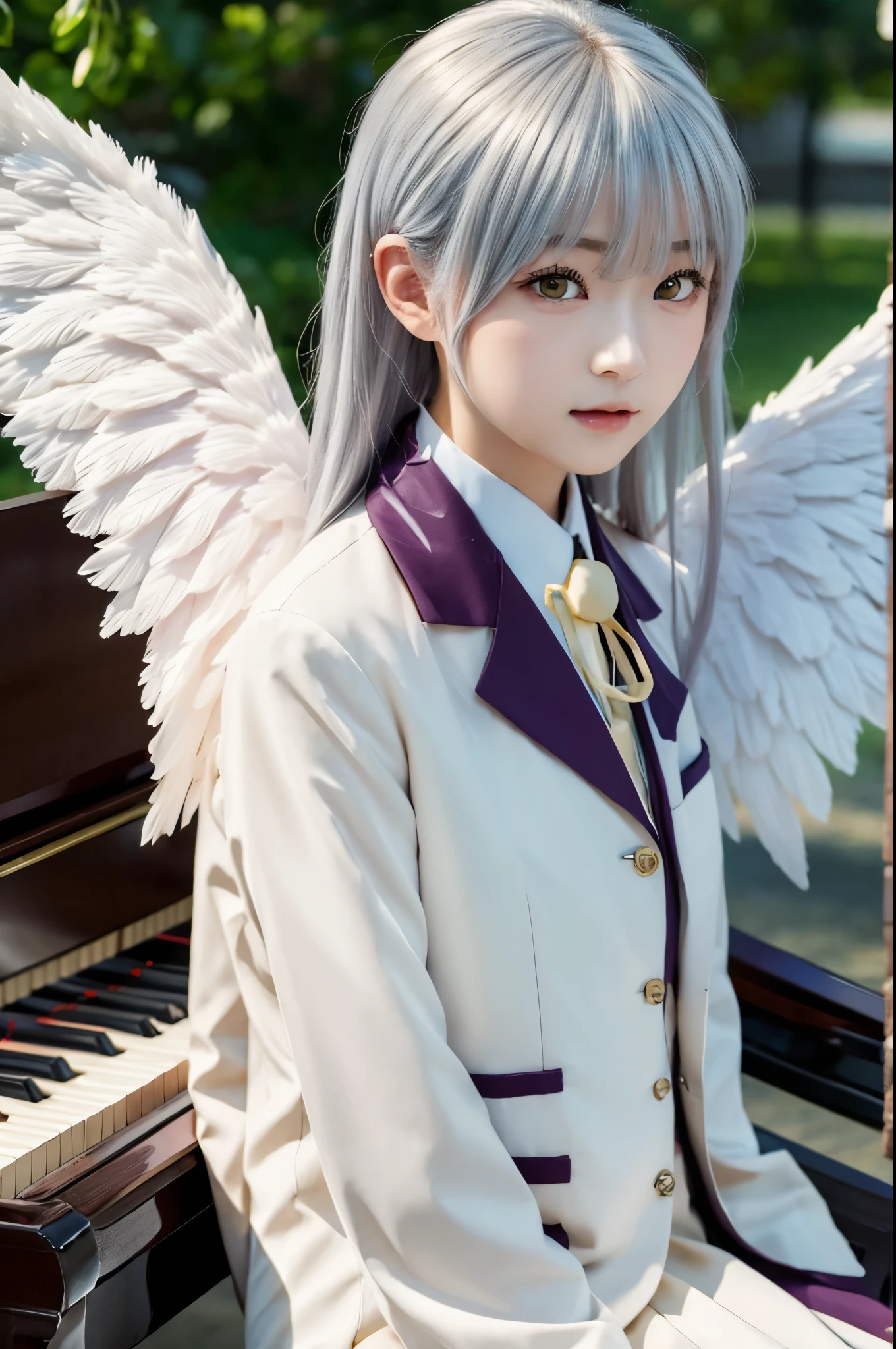 (Highest quality、4K、8K, masterpiece:1.3), Ultra detailed face, Detailed lips, Detailed eyes, double eyelid, 
BREAK, 
(extreme  close up:1.5), (from front:1.25),
BREAK,
1girl, 18 years old, short height, tachibana kanade, silver hair, short height, 
BREAK
(yellow eyes), white hair, long hair, bangs, hair pulled back,
BREAK,
looking at viewer, ((playing piano)),
photo background, photo inset, dusk, outdoors, spring, wind, falling petals, sunlight, skyline, 
BREAK
schooluniform, jacket, blazer, long sleeves, neck ribbon, gem, necklace, pleated skirt, kneehighs, loafers,
(((Angel wings spread wide on the back))),
