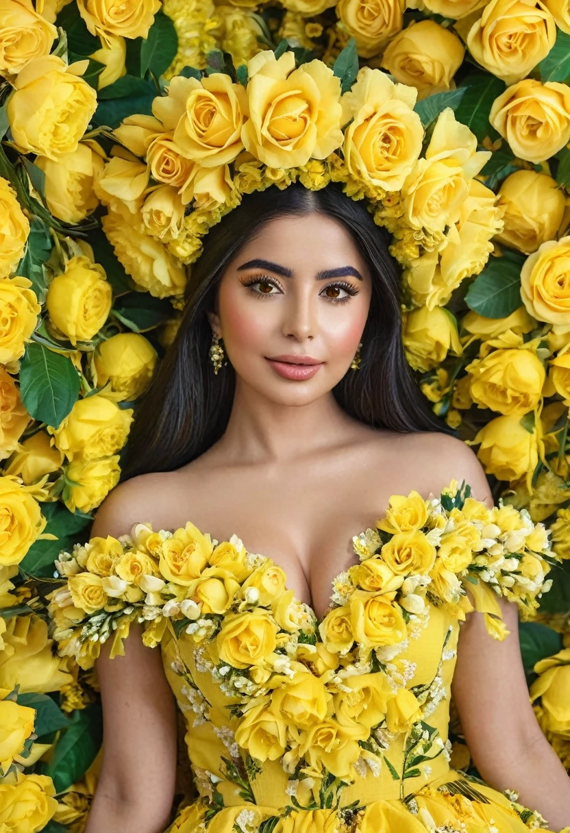 a woman in a yellow dress and flower crown posing for a picture, covered with flowers, covered in flowers, beautiful mexican woman, beautiful iranian woman, traditional beauty, she has a crown of flowers, portrait of demi rose, floral couture, beautiful yellow woman, flower goddess, clothes made out of flower, with yellow flowers around it, queen of flowers, crown of roses