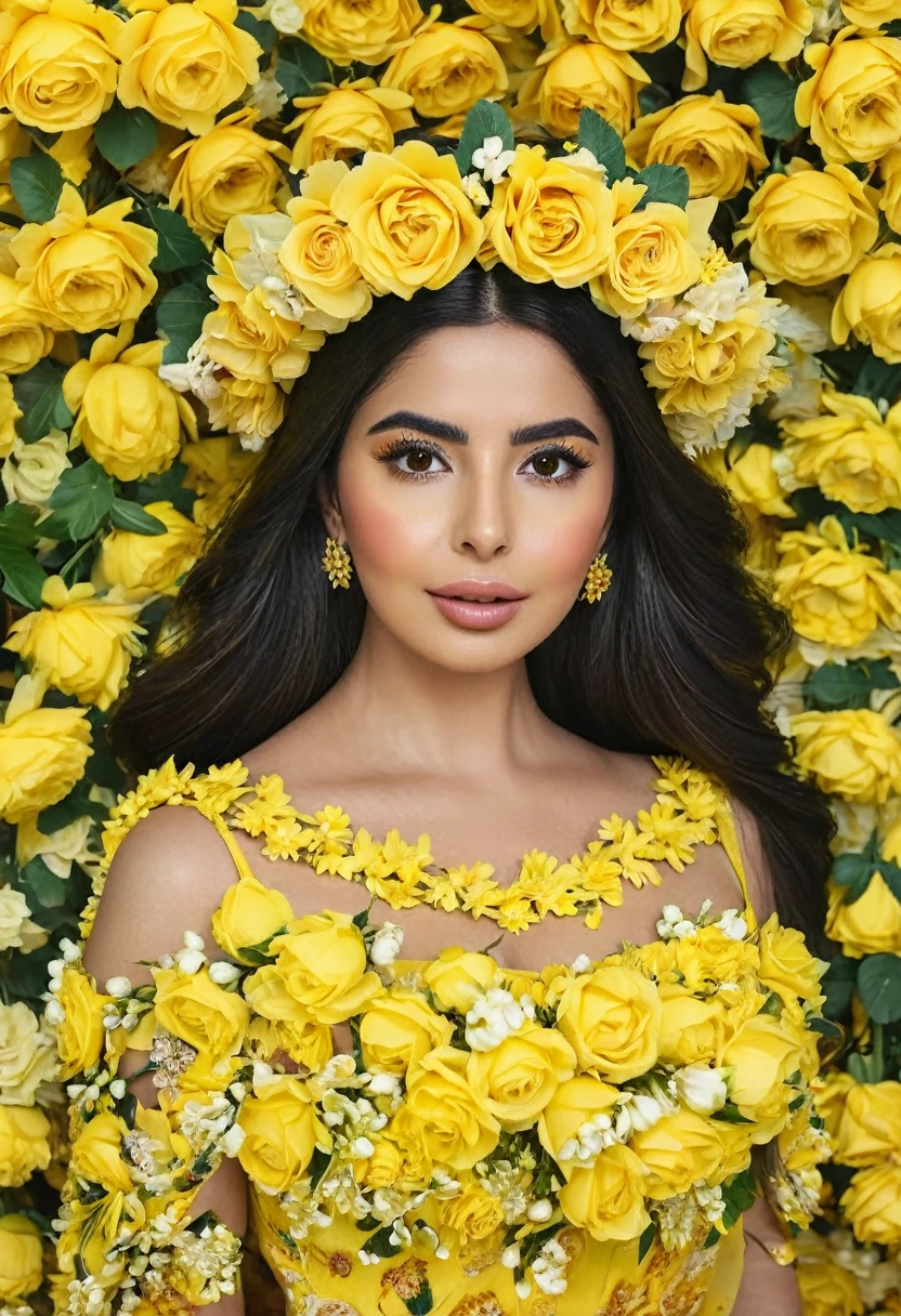 a woman in a yellow dress and flower crown posing for a picture, covered with flowers, covered in flowers, beautiful mexican woman, beautiful iranian woman, traditional beauty, she has a crown of flowers, portrait of demi rose, floral couture, beautiful yellow woman, flower goddess, clothes made out of flower, with yellow flowers around it, queen of flowers, crown of roses