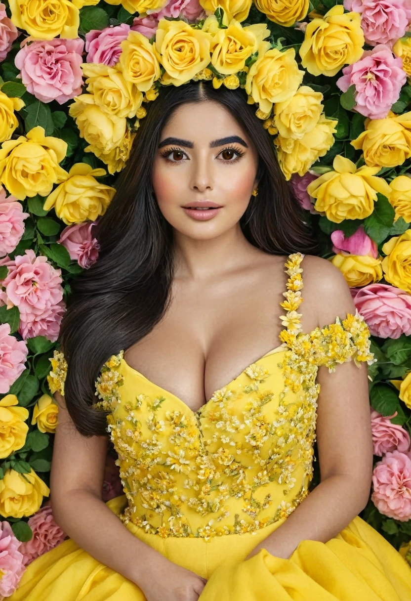 a woman in a yellow dress and flower crown posing for a picture, covered with flowers, covered in flowers, beautiful mexican woman, beautiful iranian woman, traditional beauty, she has a crown of flowers, portrait of demi rose, floral couture, beautiful yellow woman, flower goddess, clothes made out of flower, with yellow flowers around it, queen of flowers, crown of roses