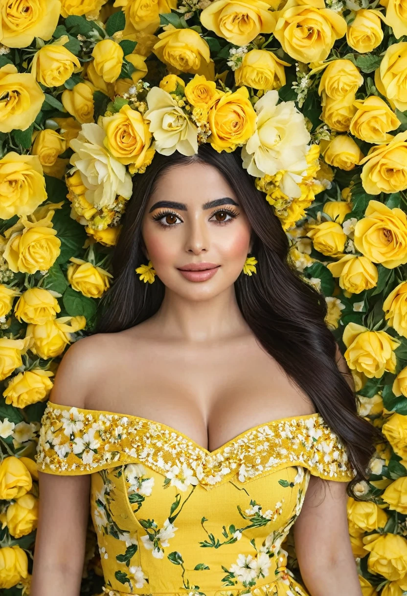 a woman in a yellow dress and flower crown posing for a picture, covered with flowers, covered in flowers, beautiful mexican woman, beautiful iranian woman, traditional beauty, she has a crown of flowers, portrait of demi rose, floral couture, beautiful yellow woman, flower goddess, clothes made out of flower, with yellow flowers around it, queen of flowers, crown of roses