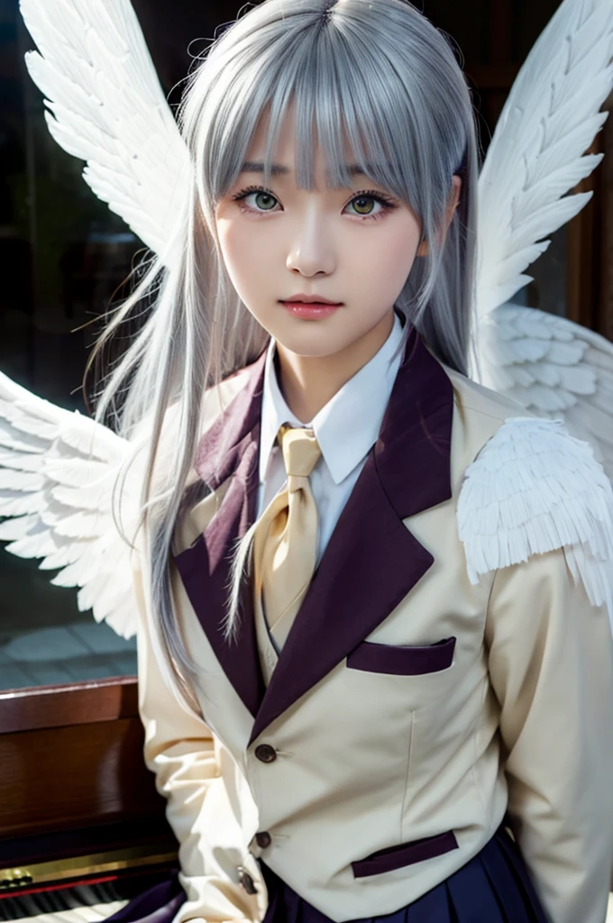 (Highest quality、4K、8K, masterpiece:1.3), Ultra detailed face, Detailed lips, Detailed eyes, double eyelid, 
BREAK, 
(extreme  close up:1.75), (from front:1.25),
BREAK,
1girl, 18 years old, short height, tachibana kanade, silver hair, short height, 
BREAK
(yellow eyes), white hair, long hair, bangs, hair pulled back,
BREAK,
looking at viewer, ((playing piano)),
photo background, photo inset, dusk, outdoors, spring, wind, falling petals, sunlight, skyline, 
BREAK
schooluniform, jacket, blazer, long sleeves, neck ribbon, gem, necklace, pleated skirt, kneehighs, loafers,
(((Angel wings spread wide on the back))),
