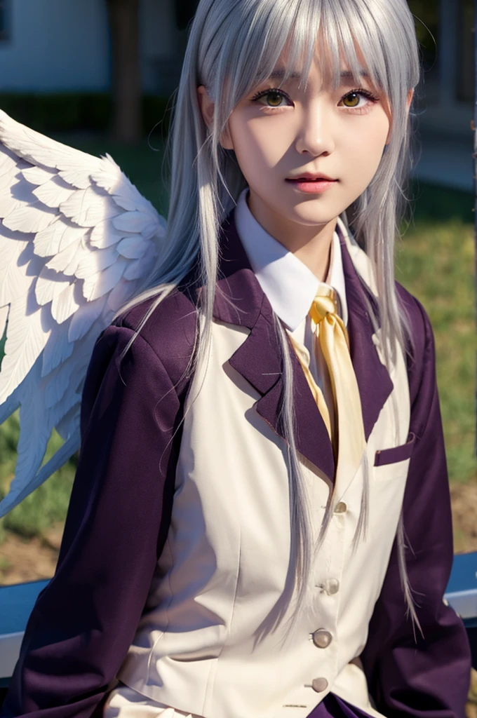 (Highest quality、4K、8K, masterpiece:1.3), Ultra detailed face, Detailed lips, Detailed eyes, double eyelid, 
BREAK, 
(extreme  close up:1.75), (from front:1.25),
BREAK,
1girl, 18 years old, short height, tachibana kanade, silver hair, short height, 
BREAK
(yellow eyes), white hair, long hair, bangs, hair pulled back,
BREAK,
looking at viewer, ((playing piano)),
photo background, photo inset, dusk, outdoors, spring, wind, falling petals, sunlight, skyline, 
BREAK
schooluniform, jacket, blazer, long sleeves, neck ribbon, gem, necklace, pleated skirt, kneehighs, loafers,
(((Angel wings spread wide on the back))),
