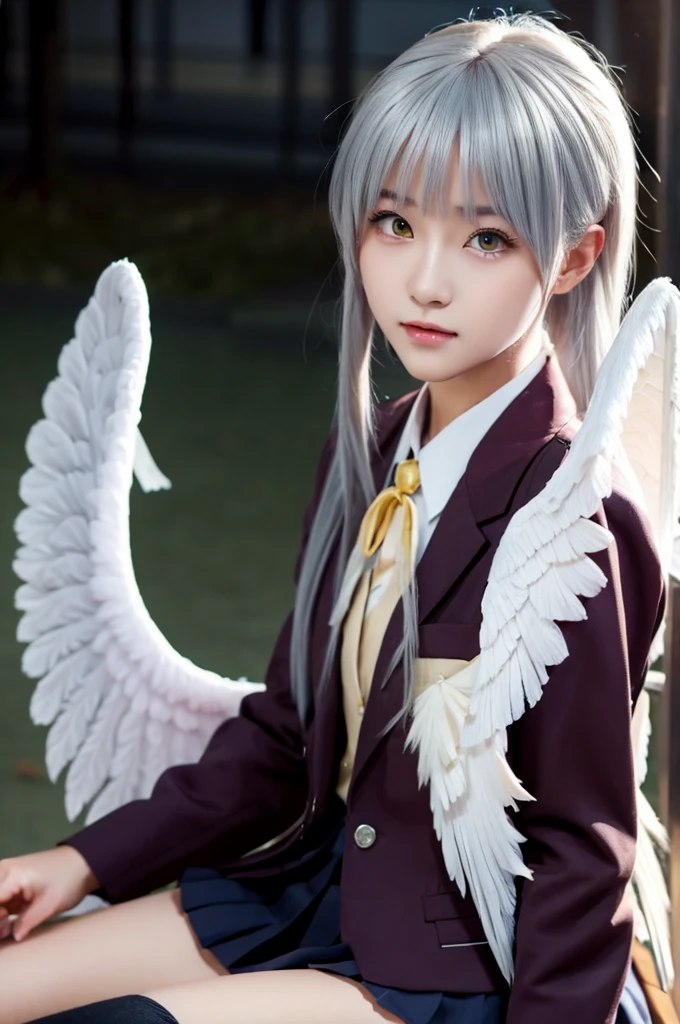 (Highest quality、4K、8K, masterpiece:1.3), Ultra detailed face, Detailed lips, Detailed eyes, double eyelid,
BREAK,
(extreme close up:1.75), (from front:1.25),
BREAK,
1girl, 18 years old, short height, tachibana kanade, silver hair, short height,
BREAK
(yellow eyes), white hair, long hair, bangs, hair pulled back,
BREAK,
looking at viewer, ((playing piano)),
photo background, photo inset, dusk, outdoors, spring, wind, falling petals, sunlight, skyline,
BREAK
schooluniform, jacket, blazer, long sleeves, neck ribbon, gem, necklace, pleated skirt, kneehighs, loafers,
(((Angel wings spread wide on the back))),