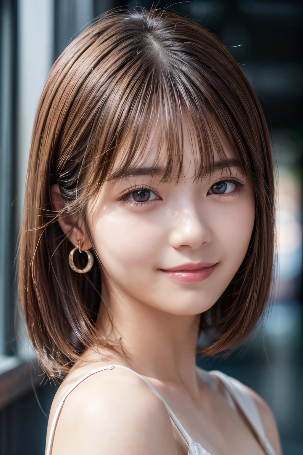 Upper Body、Beauty、Well-formed face、20-year-old、Uniform eyes、Small face、, light brown hair, hair over shoulder, parted bangs, straight hair, expressive hair, shiny hair, earrings, seductive smile, Surrealism, cinematic lighting, first-person view, pov, f/1.2, Nikon, UHD, textured skin, best quality, highres, 8k