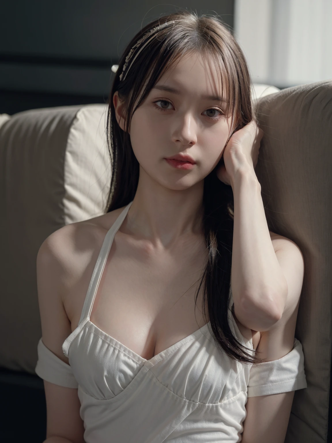 (daydream), 1girl, (breast (upper body)) 1girl, (erotic_, (masterpiece)), pretty young face (Asian), adept art, very realistic (8k HD graphic, (soft and chill light), best quality detailed ultra highres:1.2 dynamic lighting, artstation, winner photography, volumemetricslighting), (blur background), (natural big breast), (detailed bra), HQ skin:1.4