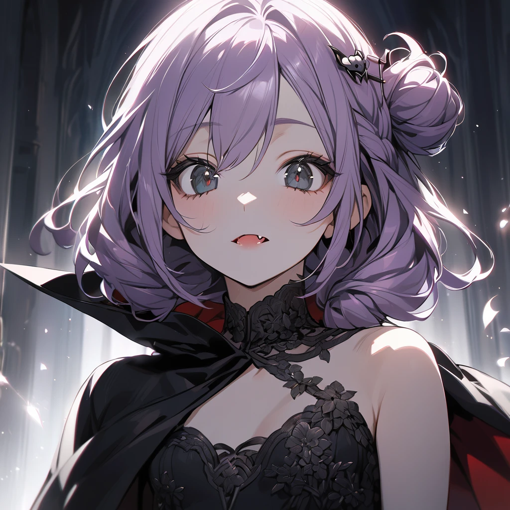 (Cute a girl:1.5), (a girl with closs hair pin,pale purple hair,braided and up.,bluntbangs hair,green and black eyes,Vampire cloak,fang,look at viewer :1.4),
(masterpiece:1.3), anime visual, (Lovey-dovey:1.5), (tilt head:1.3), extremely delicate face, soft clean focus, realistic lighting and shading, (an extremely delicate and beautiful art:1.3), elegant, (muted colors:1.1), small breast,slim,One-shoulder jet black wedding dress, crimson lips, upturned eyes, portrait, wide open eyes, silver light effect in the background,