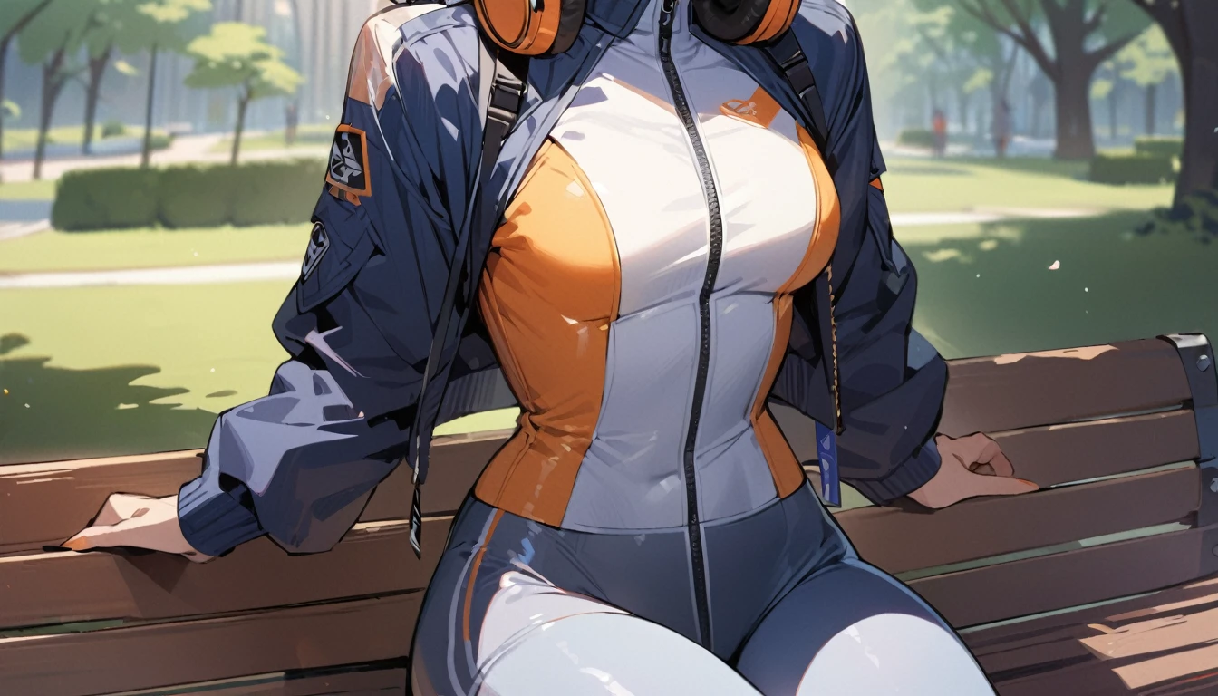 ((Top Quality)), ((Masterpiece)), ((Detail)), perfect face, perfect body, wearing headphones, wearing tight clothes, wearing short clothes, listening to music, sitting on a bench, park background