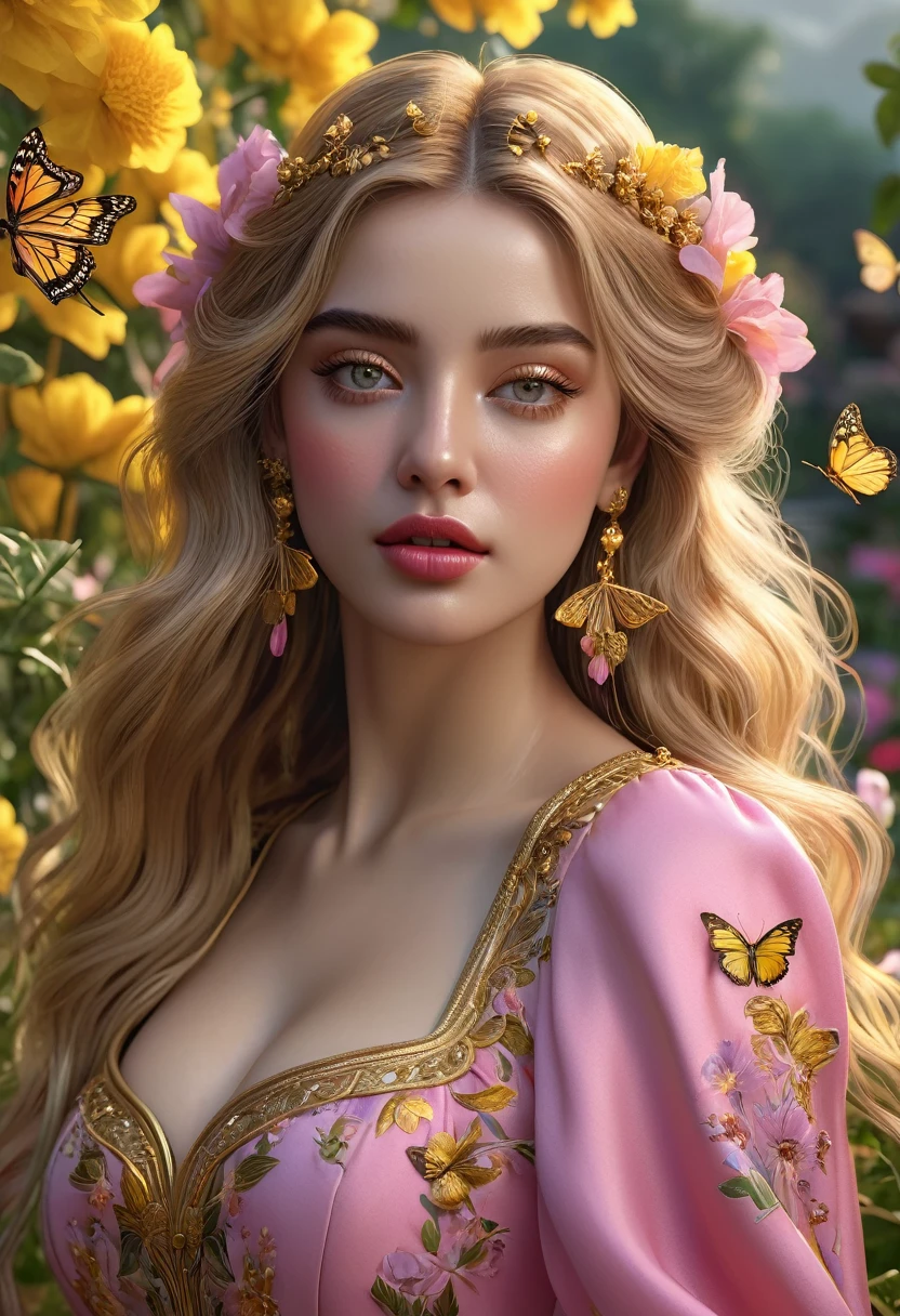 a woman with long golden hair, beautiful detailed eyes, beautiful detailed lips, extremely detailed face, butterflies in her hair, wearing a pink dress with gold details, standing in a garden full of yellow flowers, large breasts, (best quality,4k,8k,highres,masterpiece:1.2),ultra-detailed,(realistic,photorealistic,photo-realistic:1.37),intricate,ornate,highly detailed,hyper realistic,vivid colors,dramatic lighting,cinematic,ethereal,fantasy,elegant,beautiful,serene