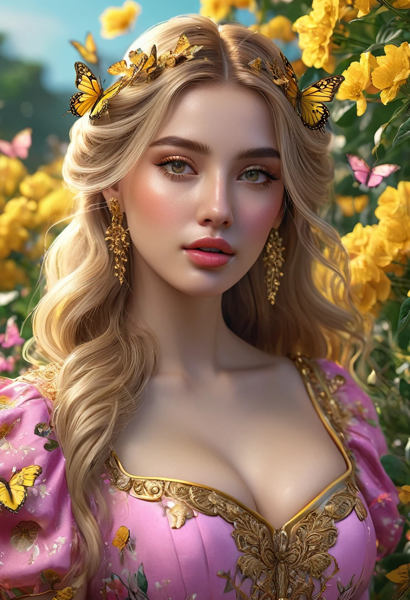 a woman with long golden hair, beautiful detailed eyes, beautiful detailed lips, extremely detailed face, butterflies in her hair, wearing a pink dress with gold details, standing in a garden full of yellow flowers, large breasts, (best quality,4k,8k,highres,masterpiece:1.2),ultra-detailed,(realistic,photorealistic,photo-realistic:1.37),intricate,ornate,highly detailed,hyper realistic,vivid colors,dramatic lighting,cinematic,ethereal,fantasy,elegant,beautiful,serene