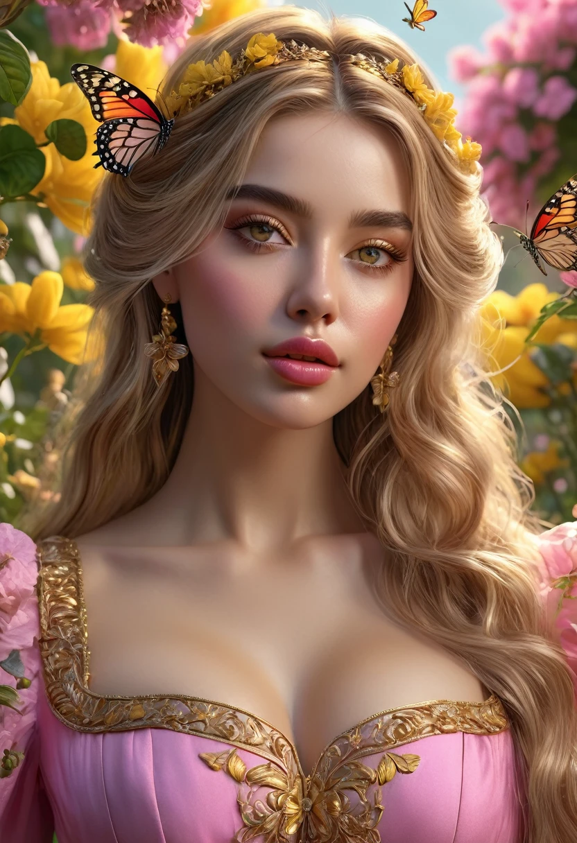a woman with long golden hair, beautiful detailed eyes, beautiful detailed lips, extremely detailed face, butterflies in her hair, wearing a pink dress with gold details, standing in a garden full of yellow flowers, large breasts, (best quality,4k,8k,highres,masterpiece:1.2),ultra-detailed,(realistic,photorealistic,photo-realistic:1.37),intricate,ornate,highly detailed,hyper realistic,vivid colors,dramatic lighting,cinematic,ethereal,fantasy,elegant,beautiful,serene