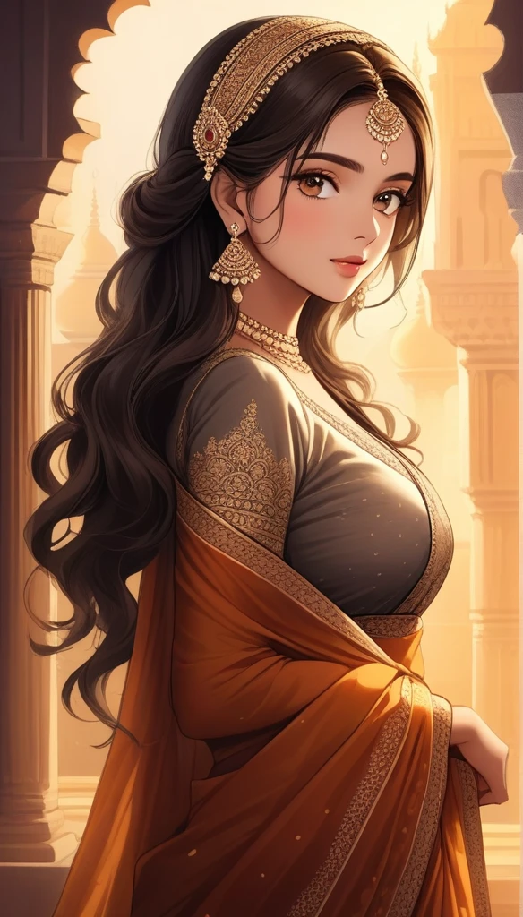 (best quality,highres,realistic:1.37)india's most beautiful lady,digital art wonders,princesscore,realistic historical fiction,charming detailed eyes and lips,fierce expression,historical attire,richly embroidered clothing,gold jewelry,dark wavy hair cascading down her back,flowing colorful silk saree,ornate palace in the background,historical architecture,detailed hand gestures,light amber candlelight,soft shadows and highlights,delicate facial features,meticulous attention to detail,subtle nuances of emotion,depth and richness in colors,expressive eyes that convey a sense of longing and strength,royal elegance and regal pose,graceful and confident stance,traditional henna patterns on her hands and feet,dusky complexion that glows in the warm light,realism with a touch of fantasy,impressive artistry,digital brushstrokes,soft and dreamlike ambiance,ethereal beauty,rich cultural heritage,indian art and folklore blended with contemporary digital techniques,masterpiece painting,pristine skin complexion,gorgeous traditional makeup,ornamental hair accessories,vibrant colors with a touch of darkness,dark white and light amber color palette,evocative and captivating art that tells a story,attention to historical accuracy while adding a touch of imagination,detailed background with architectural elements and intricate designs,deep emotional connection with the viewer.,bug breasts 