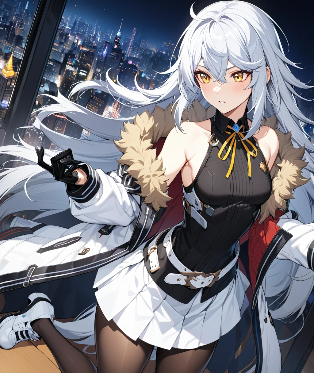 1girl, bangs,long_hair,独奏, yellow eyes, black legwear, jacket, pantyhose, silver hair, skirt, bare shoulders, eyebrows visible through hair, ahoge, gloves, white hair, small breasts,long sleeves,hair between eyes, standing, white skirt, shirt,sleeveless, sleeveless shirt,full_body, pleated skirt, sidelocks,belt ,very long hair, shoes,Miniskirt ,black gloves,white footwear, open clothes, Fur trim, black shirt, white coat,white_jacket,city lights,open jacket, off shoulder, open coat, fur-trimmed coat, gown, messy hair, , masterpiece, Highest quality, so beautiful, Absurd, ultra detailed, cg unity 8K wallpaper, masterwork, super fine illustration, ultra detailed beautiful face, perfect eyes,　Movie angle, 