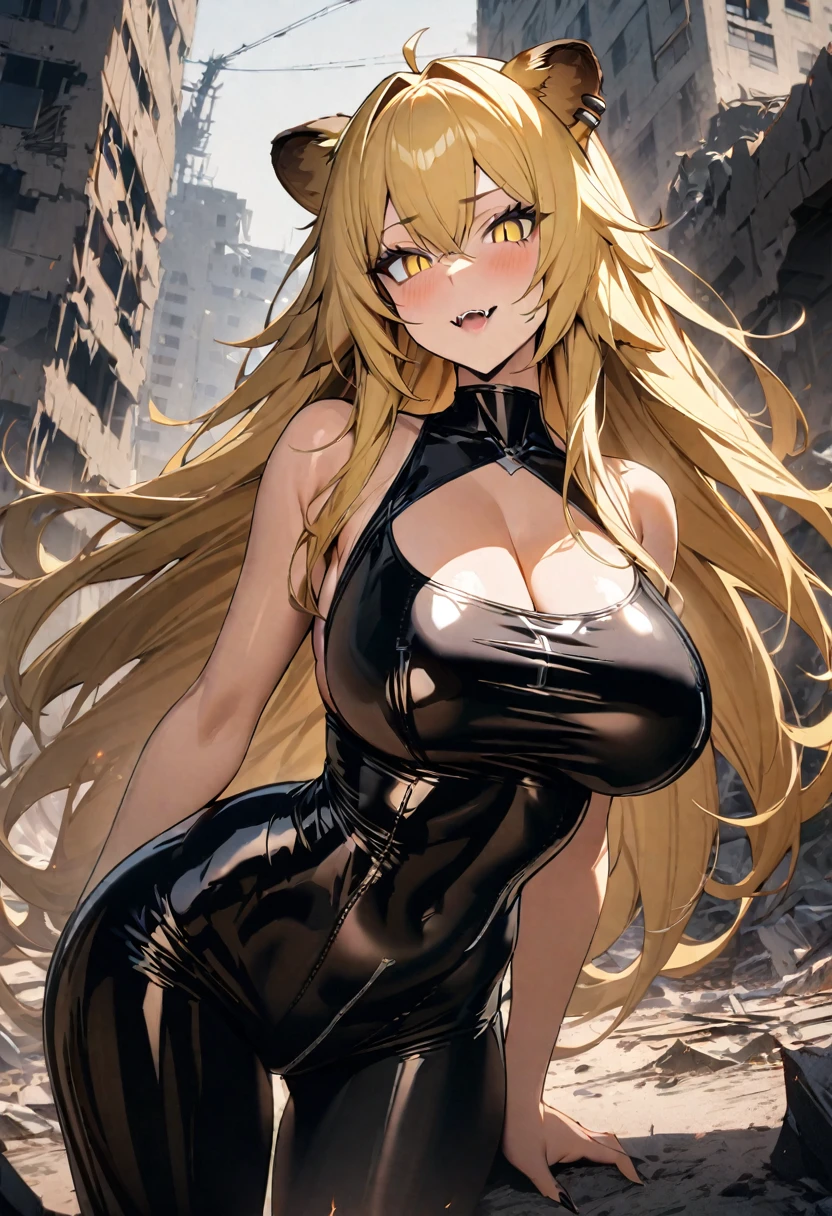 masterpiece, best quality, extremely detailed, 1girl, milf, solo, {siege_arknights:1.10}, huge breasts, (((animal_ears, lion_ears, (blonde_hair), long_hair, yellow_eyes, slit pupils))), parted lips, (((latex bodysuit))),  fangs, (destroyed buildings) , no cleavage