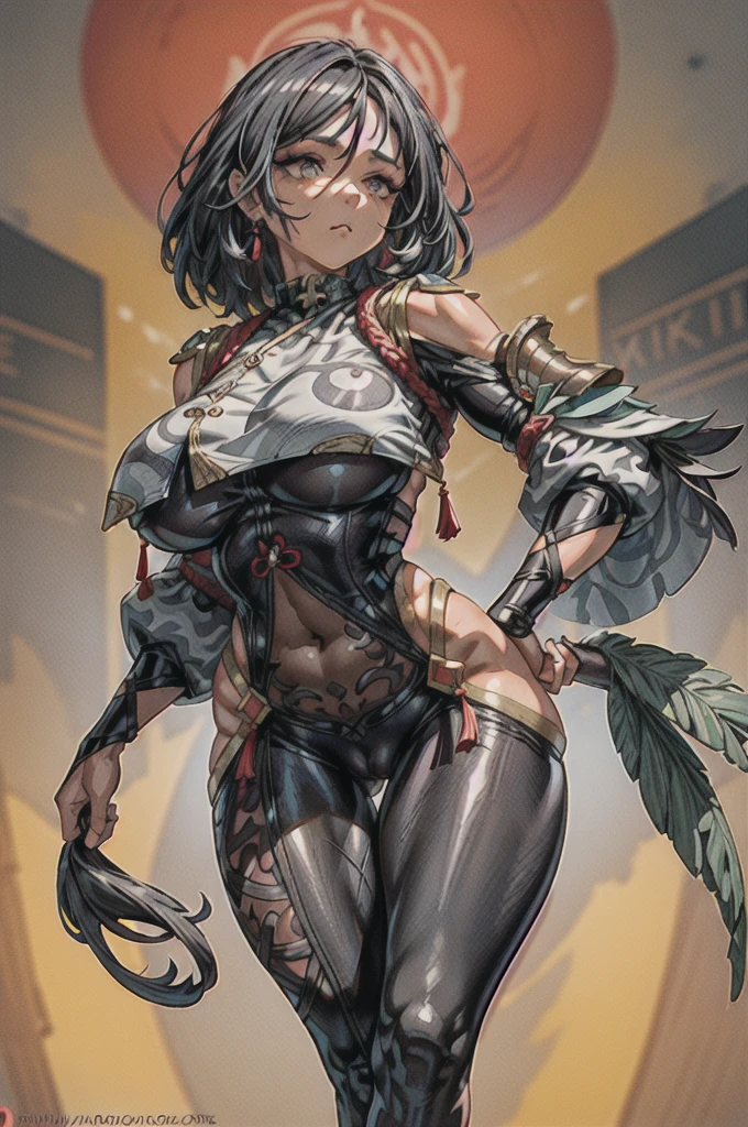 (masterpiece, best quality, high resolution),cowboy shot, 1girl, solo, darlims, gloves, headband, muscular female, belt, halterneck, bandages, tattoo, navel, thigh strap, <lora:DarliMS:1>