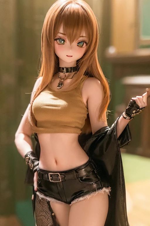(SFW:2), photorealistic, realistic photo, ((highest quality)), ((masterpiece)), (extremely detailed), kukolnydom, doll, (mature woman, 22yo, 22 years old:1.6), solo, ((cowboy shot, dynamic pose)), (little smile, parted lips), green eyes, brown hair, (looking at another, navel, bare foot, gradient eyes, shining eyes, detailed eyes, detailed face:1.3), tank top, hot pants, choker, room, 8k