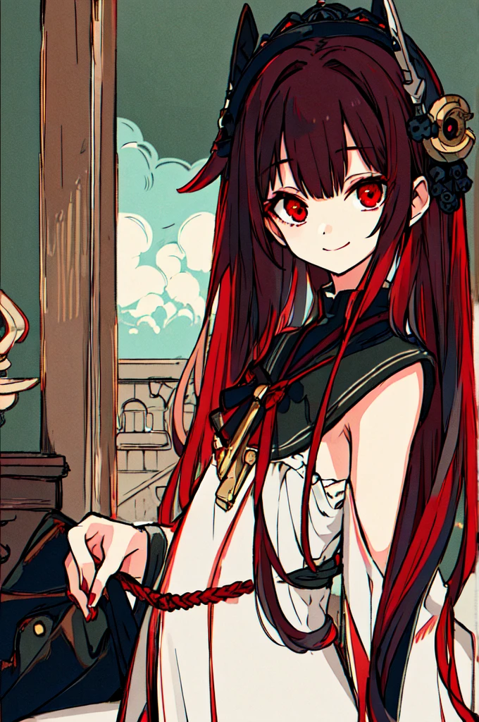 masterpiece, intricate detail,best quality, 1girl, solo, smile, red eyes, long hair, looking at viewer