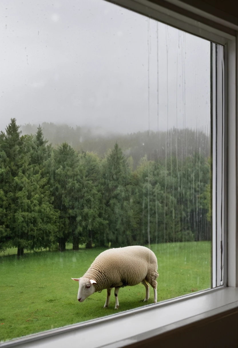 rainy, cloudy, big window, close up window, lighting, with trees out of window, little sheep out of window
