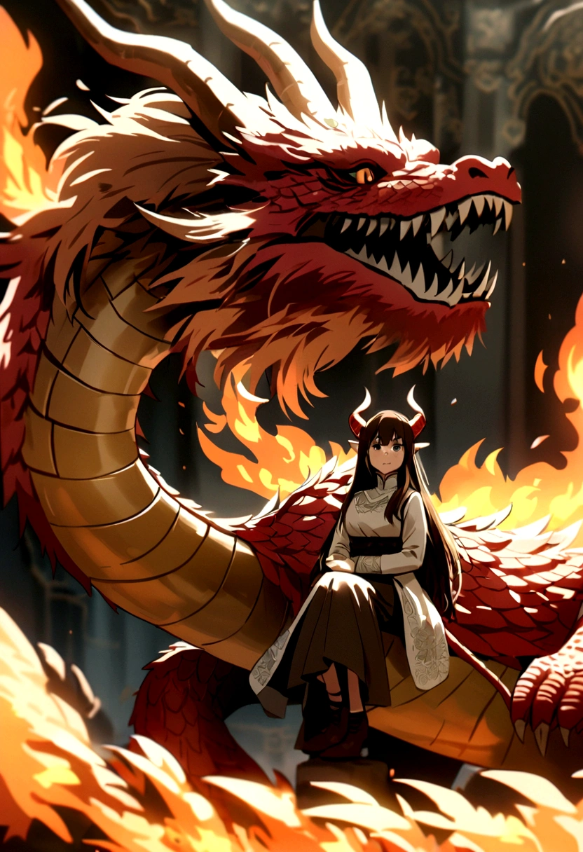 The girl was sitting in the coils of a great dragon、The dragon is breathing fire , chest, tail, wing, Sharp teeth, horn, Brunette, Chinese Dragon . Live-action