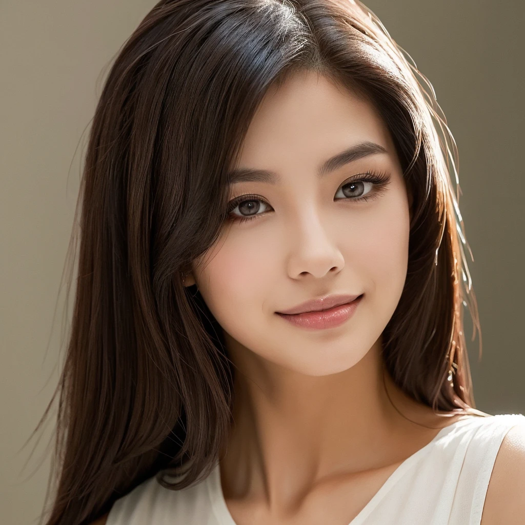 A young 21-year-old woman with a mixed Asian and Caucasian heritage. She has thick dark black eyeliner and glossy lips. The image is a casting shot, showcasing her face clearly with a neutral or slight smile expression. She has straight, dark brown hair that falls just past her shoulders. Her eyes are almond-shaped, and her skin has a light to medium tone with a natural, fresh look. She is wearing a simple, professional outfit suitable for a casting, and the background is a neutral studio setting with soft lighting to highlight her features.