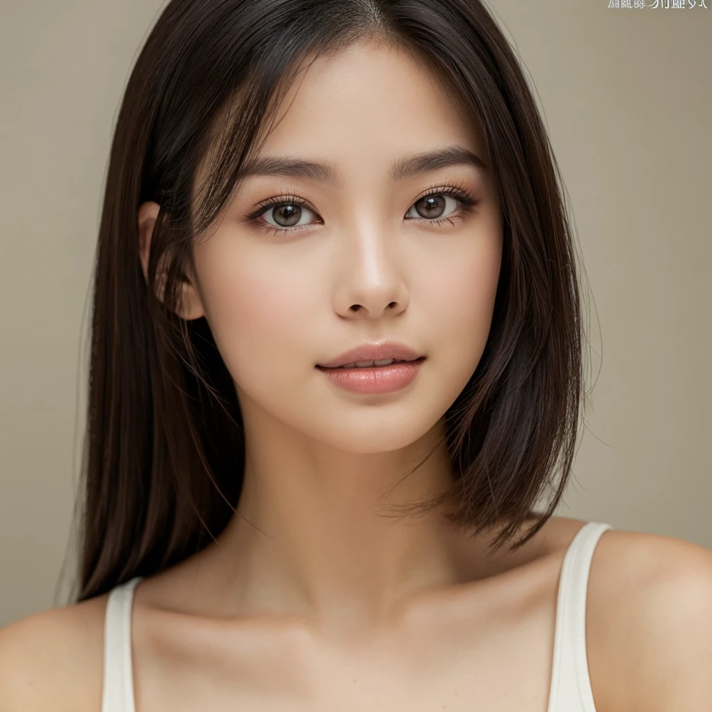 A young 21-year-old woman with a mixed Asian and Caucasian heritage. She has thick dark black eyeliner and glossy lips. The image is a casting shot, showcasing her face clearly with a neutral or slight smile expression. She has straight, dark brown hair that falls just past her shoulders. Her eyes are almond-shaped, and her skin has a light to medium tone with a natural, fresh look. She is wearing a simple, professional outfit suitable for a casting, and the background is a neutral studio setting with soft lighting to highlight her features.