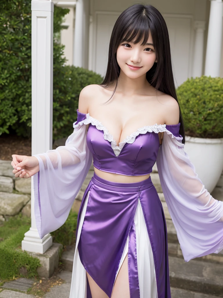 beautiful young japanese girl, , virgin, pure and innocent atmosphere, in front of a lord's manor in the main entrance, (off-shoulder silver breastplate, purple slit long skirt, purple arm cover),((full body, standing)), coy demonic smile, white teeth, open mouth, blushing, fidgeting hands, translucent skin, hands clasped in front, small breasts, cleavage, beautiful legs, glossy straight medium black hair, asymmetrical bangs, greeting