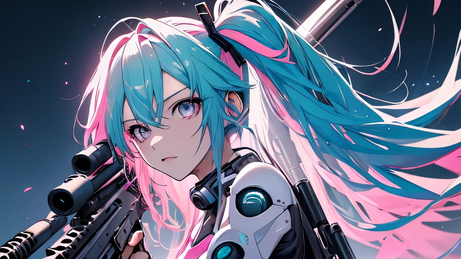 (masterpiece), Highest quality, Ultra-high resolution,hatsune miku, Vocaloid, beautiful, Detailed face, Pink Hair, Pink Eyes, Pink Art, colorful, bright, whole body、fight、strong、gun、(Confident expression:1.3)、battlefield、Armament、Cyberpunk Girl, (Gripping a high-tech rifle:1.3)、Stand up、Fantasy、cool、Glowing background、Illumination、whole body、Fantasy、Background white