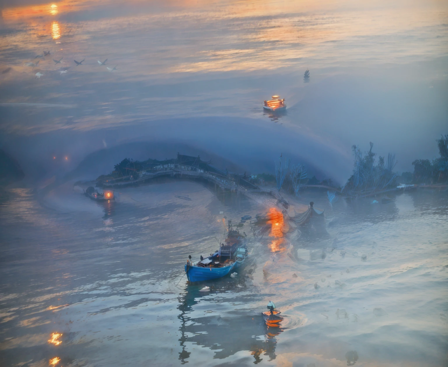 Long exposure photography，Award-winning photography，Practical，In waters with boats，Sunset, ，stunning lighting, Abstract， Claude Monet，Abstract，photography，high quality，blue，orange，Sunset，Beautiful scenery，photo，photoPractical,raw